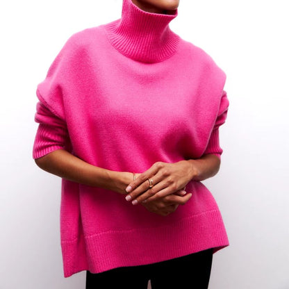 Bright pink unisex turtleneck knit sweater soft merino wool pullover cozy warm winter silhouette