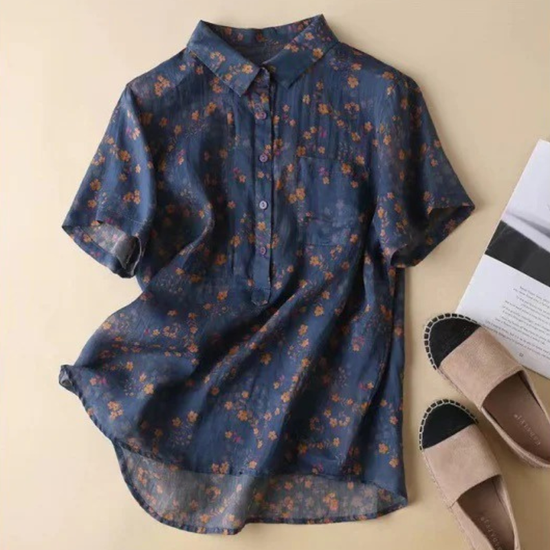 Floral half-placket relaxed-fit shirt in soft multicolor print with lightweight airy fabric