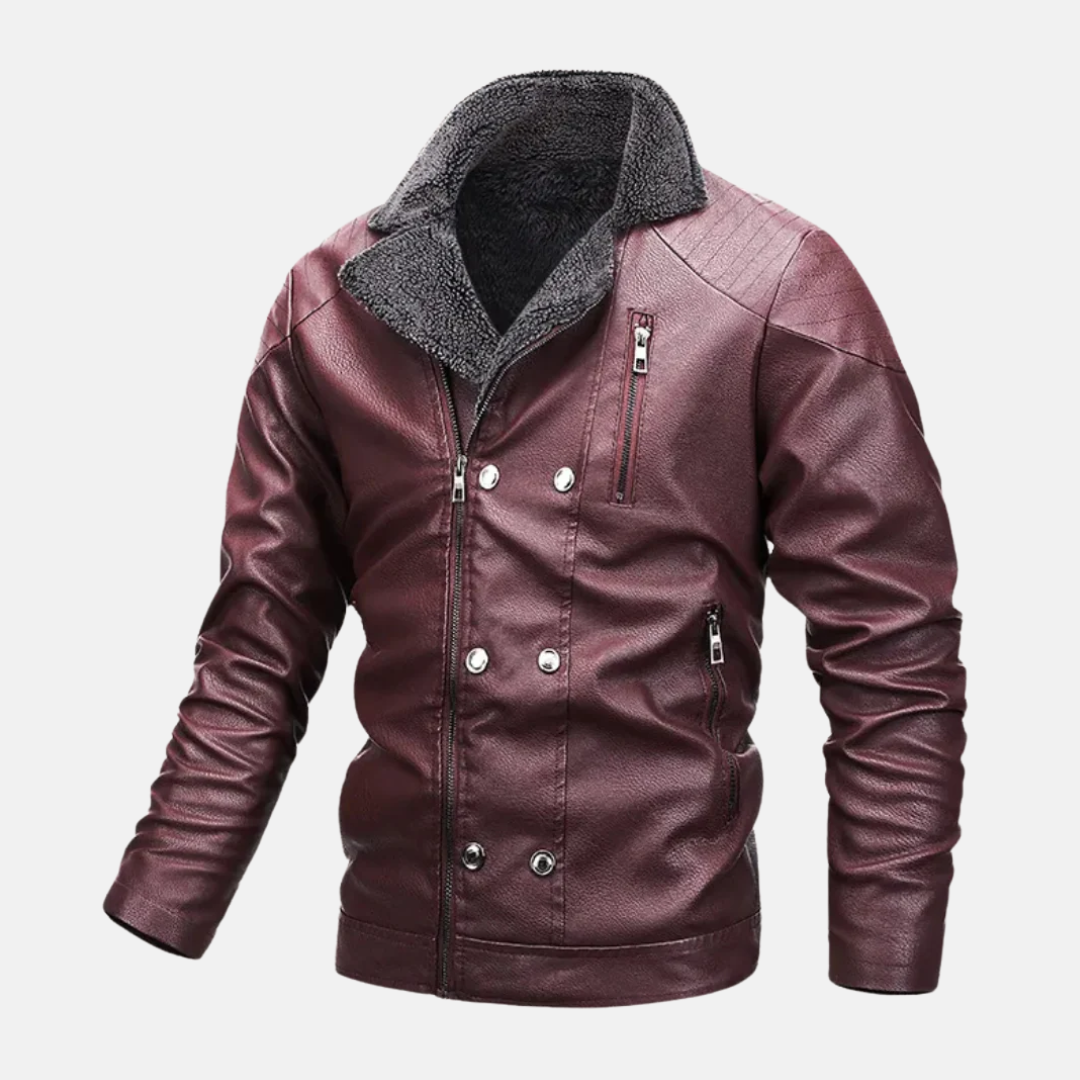 Men's black faux leather jacket shearling lining quilted shoulders zip button closure rugged style