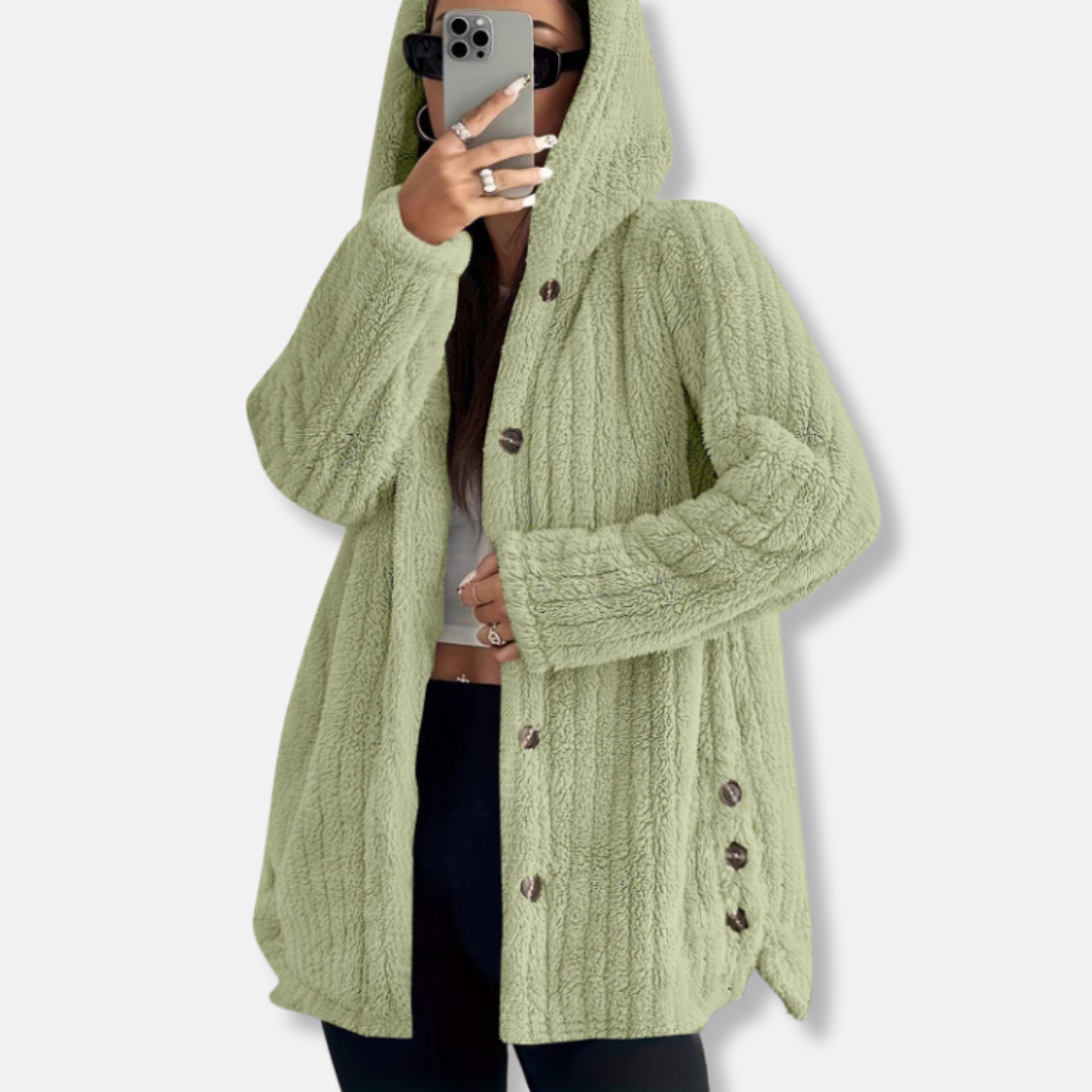 Women's ivory plush faux shearling hooded coat, loose relaxed fit, mid-length cozy outerwear