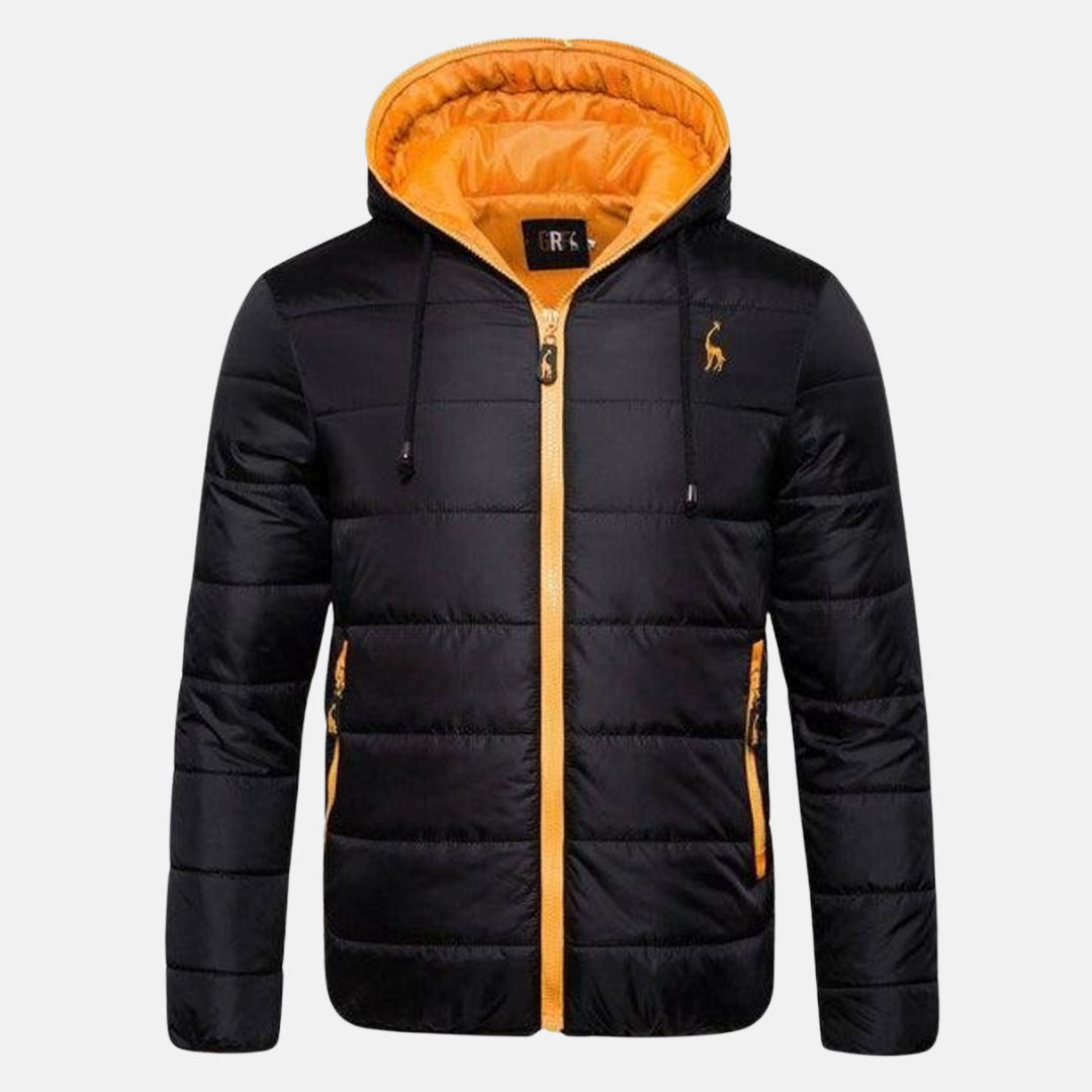 Men's quilted down jacket hooded regular fit water-resistant zipper pockets winter outerwear