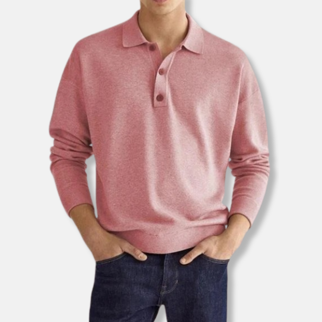 Men's cotton blend polo collar sweater, relaxed fit long sleeve smart casual pullover