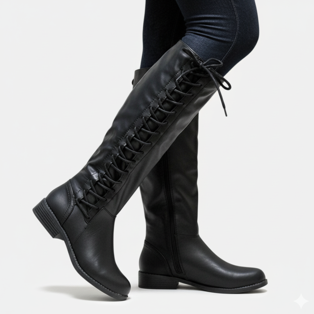 Black faux leather knee-high boots with criss-cross lacing, block heel, and side zipper