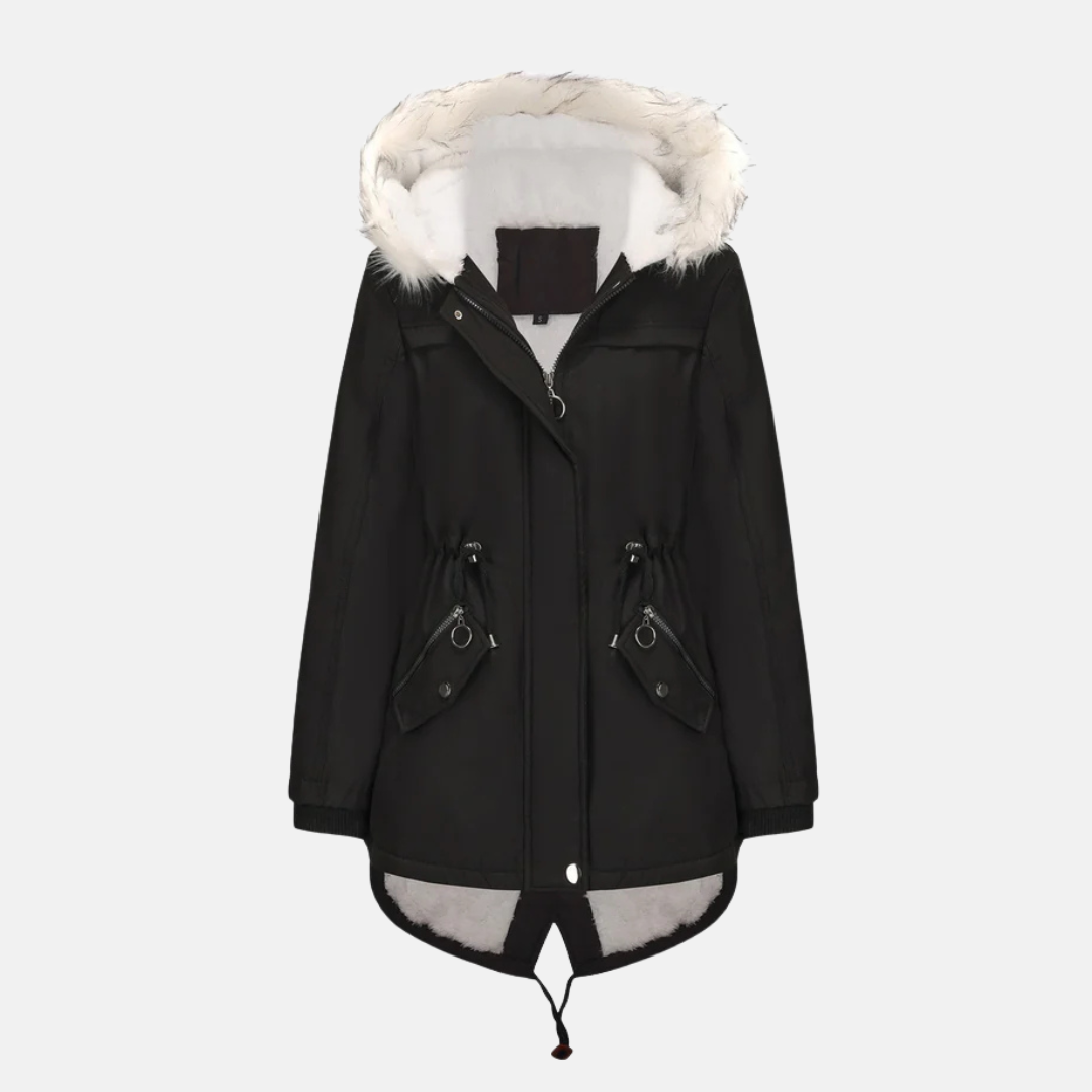 Women's mid-length weather-resistant parka jacket tailored fit with removable faux fur hood