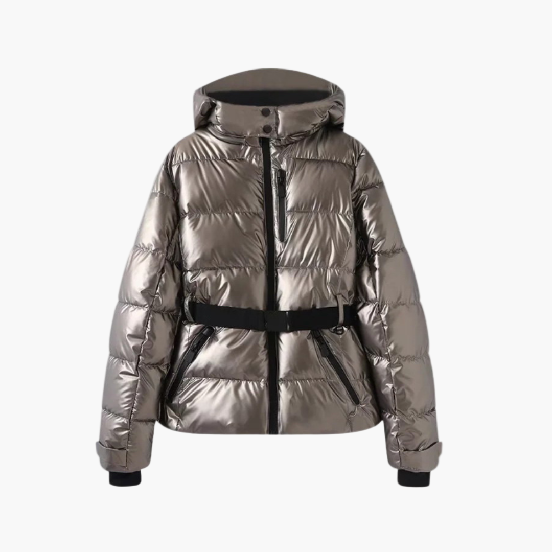 Women's quilted belted hooded winter coat with cinched waist, sleek structured fit, modern print