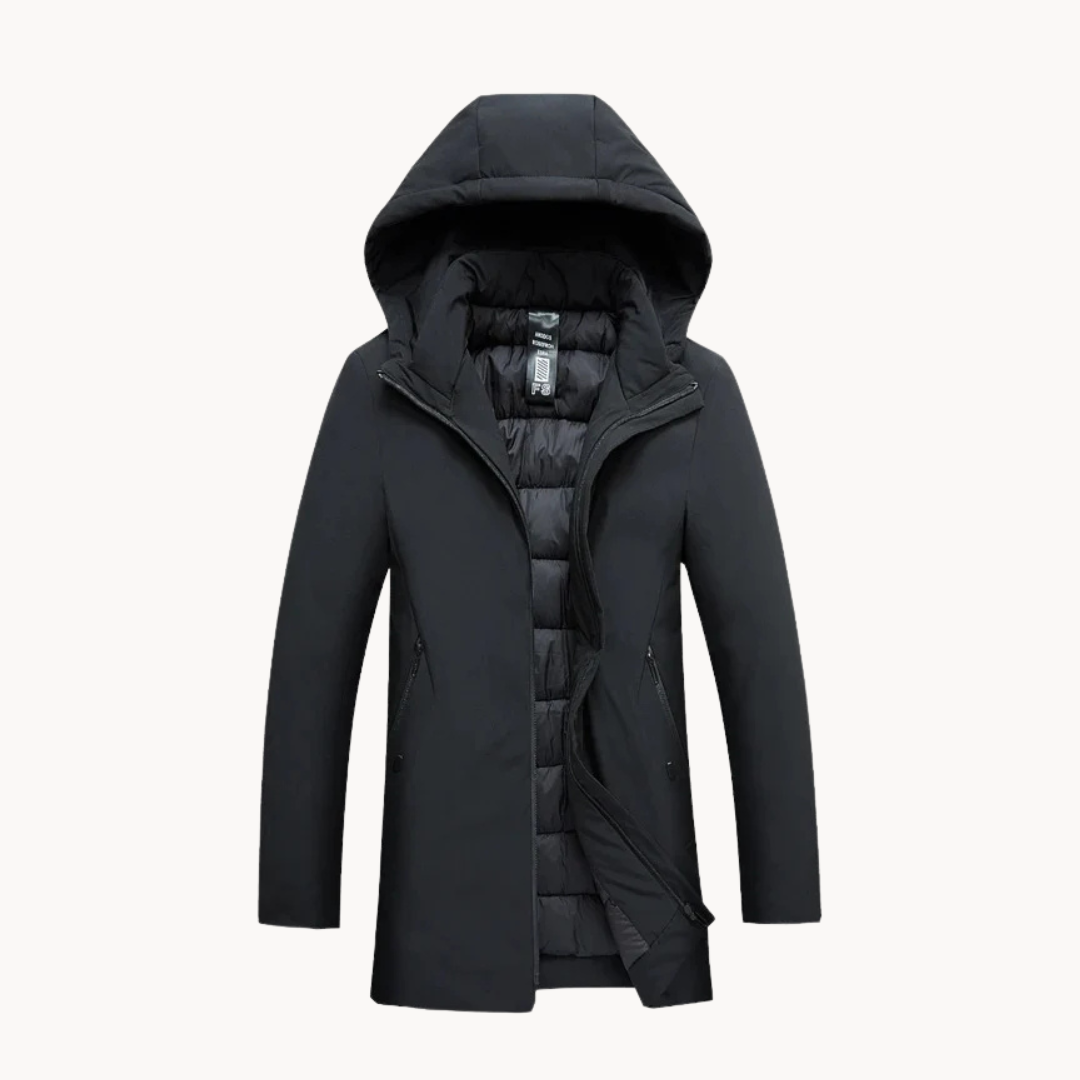 Navy blue business winter puffer jacket slim fit with structured silhouette for modern professionals
