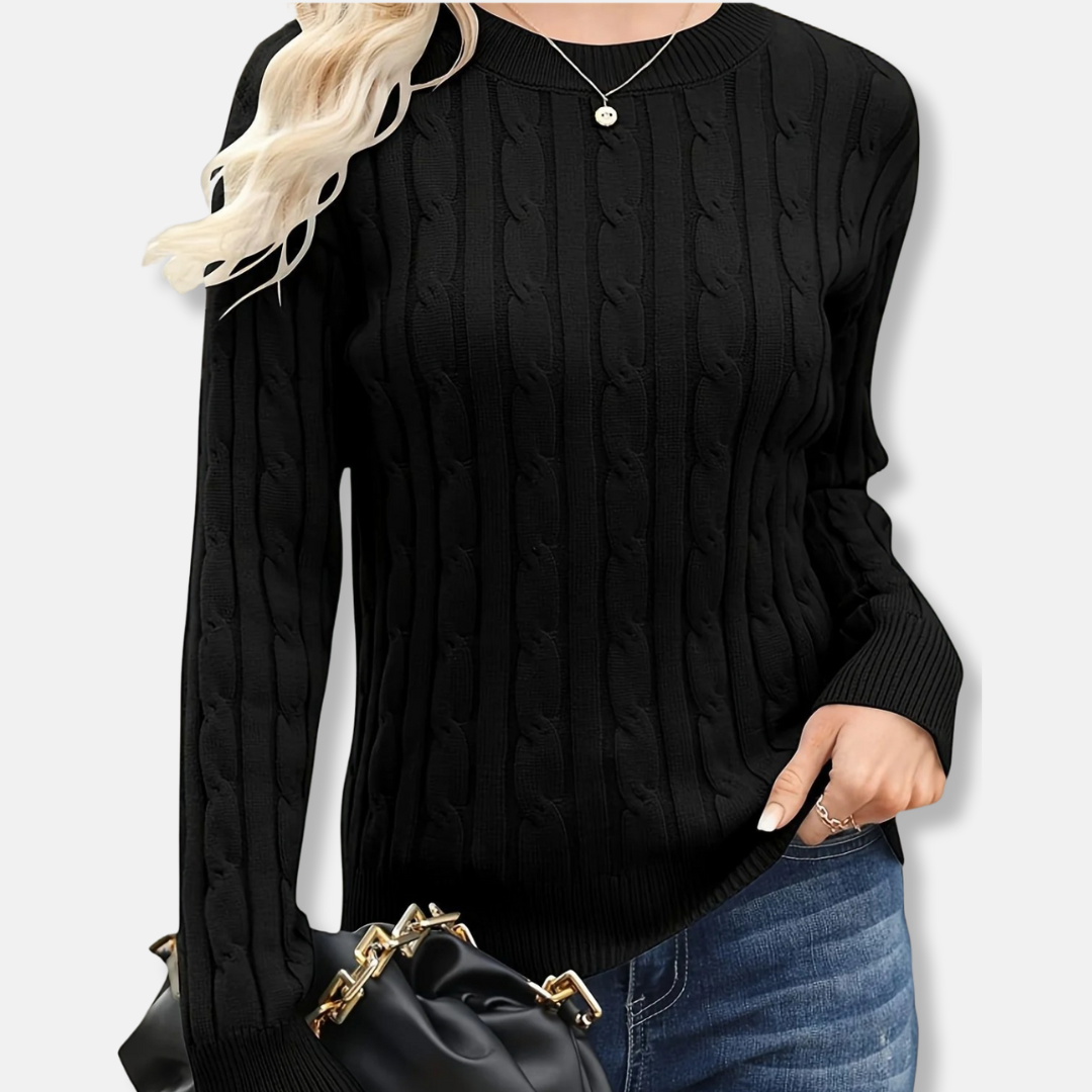 Women's cream cable knit crew neck sweater, fine gauge wool-blend, relaxed hip-length long sleeve