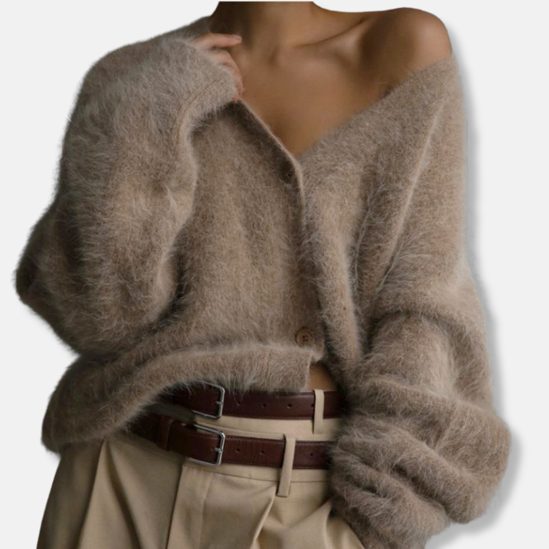 Women's oversized brushed knit cardigan, V-neck with single-button closure, relaxed cozy fit