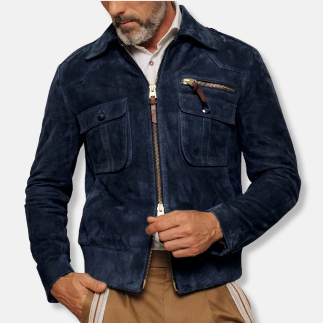 Men's slim fit suede texture bomber jacket with two-way zipper and chest pockets by Wavlynn