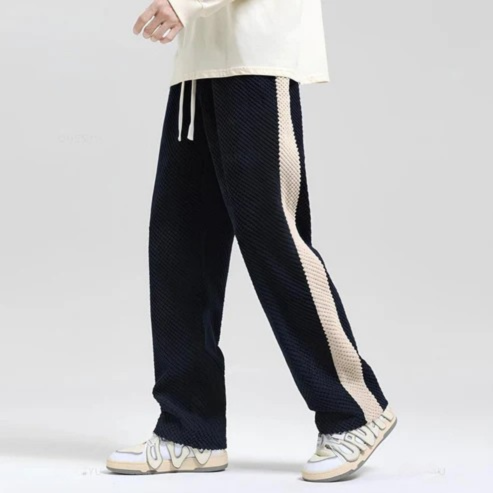 Men's relaxed fit casual stripe pants in neutral tones, modern everyday style with subtle stripe pattern