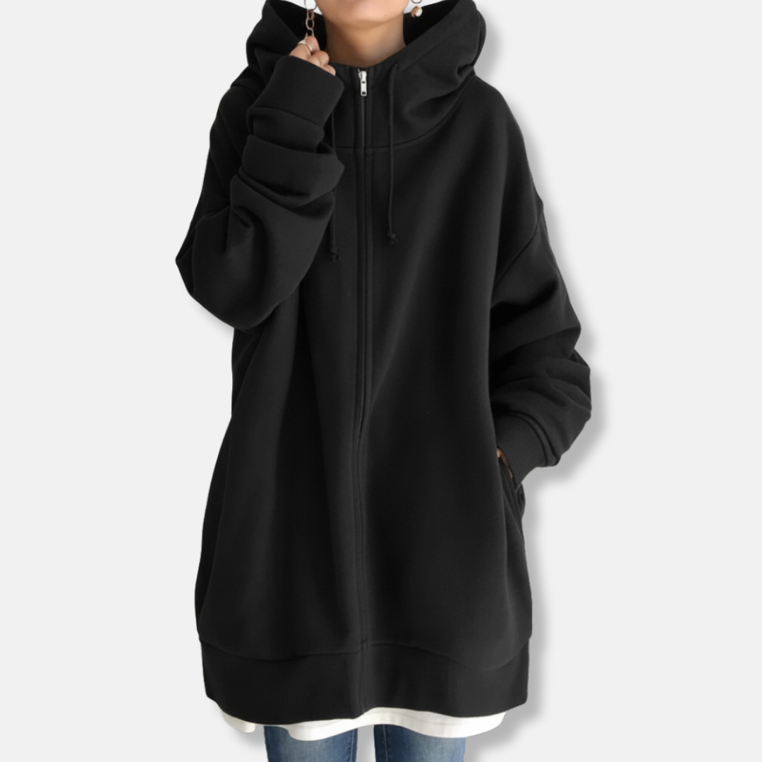 Women's oversized zip-front hoodie in plush fleece, long sleeve casual style with relaxed fit