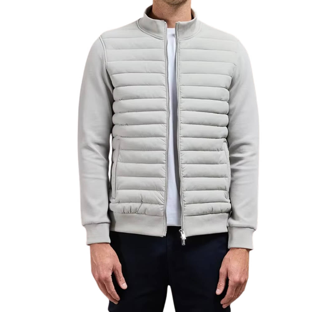 Men's navy blue lightweight quilted puffer jacket with high stand collar for modern winter style
