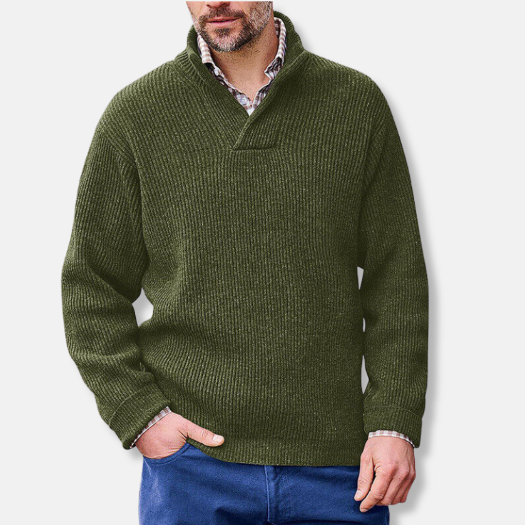Men's gray cotton blend pullover sweatshirt, loose fit long sleeve with stand collar V-neck