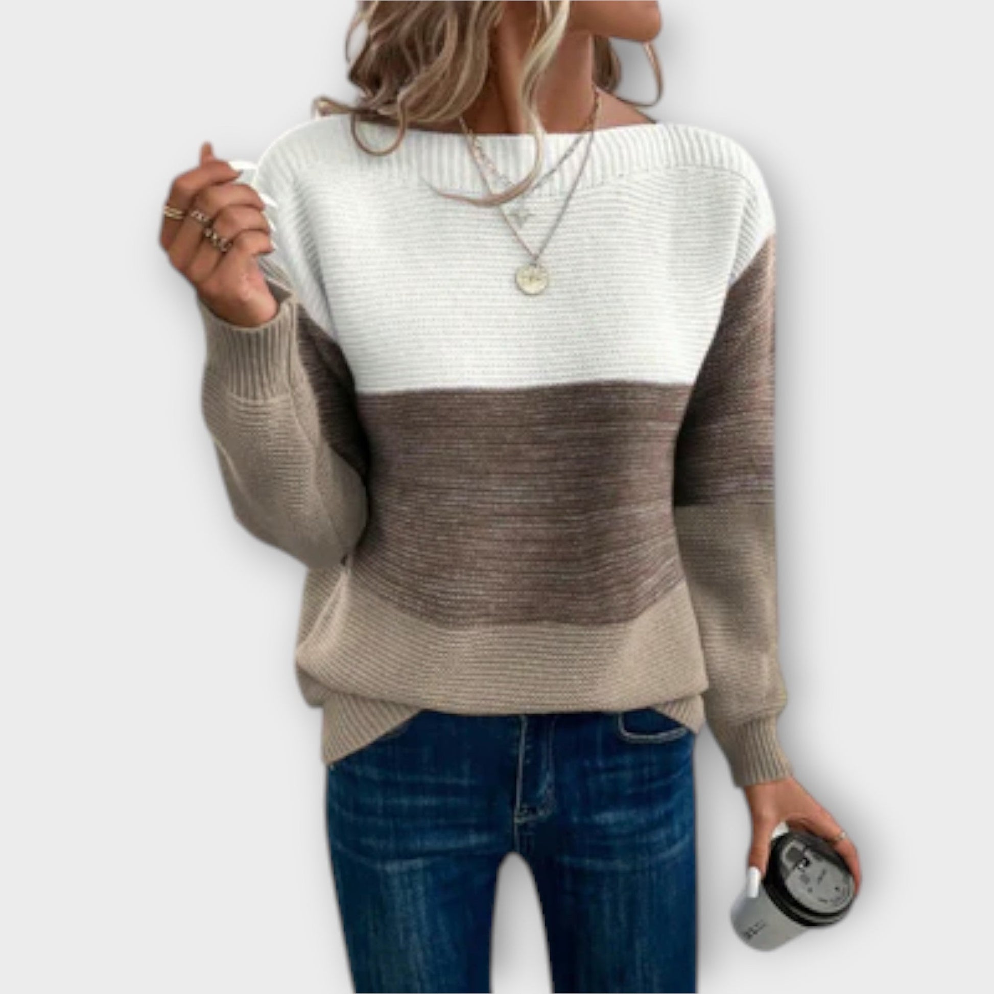 Cozy relaxed-fit Clara™ sweater in soft neutral tones, breathable everyday knit with flattering silhouette