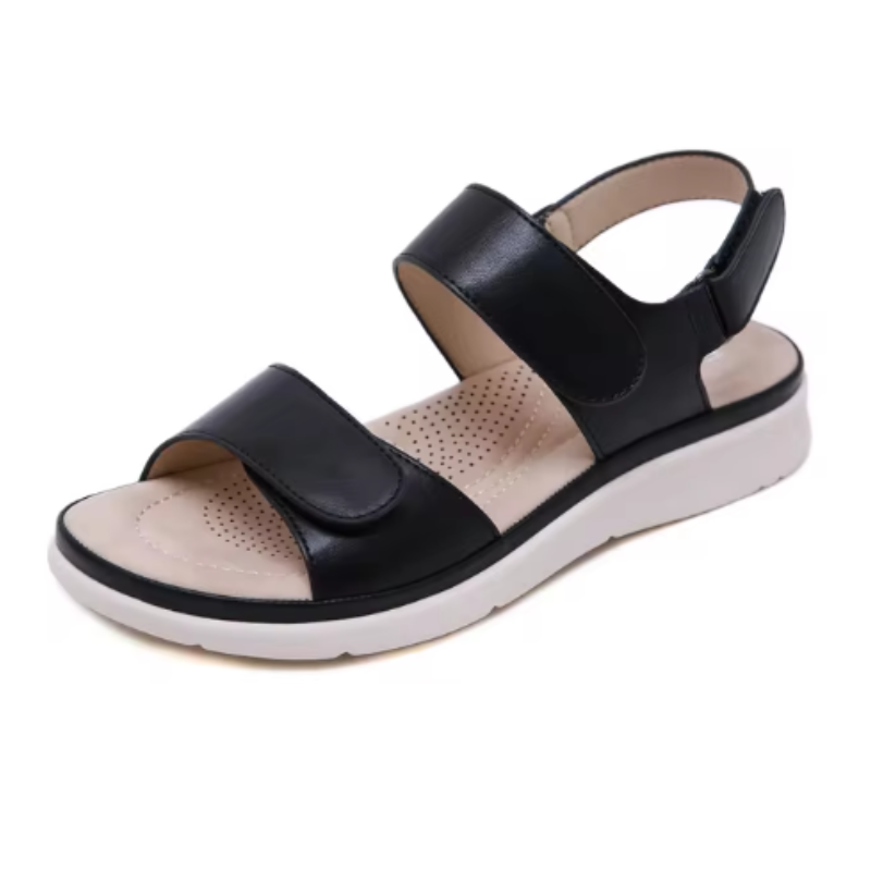 Women's comfort adjustable sandals in neutral tones with cushioned footbed and supportive relaxed silhouette