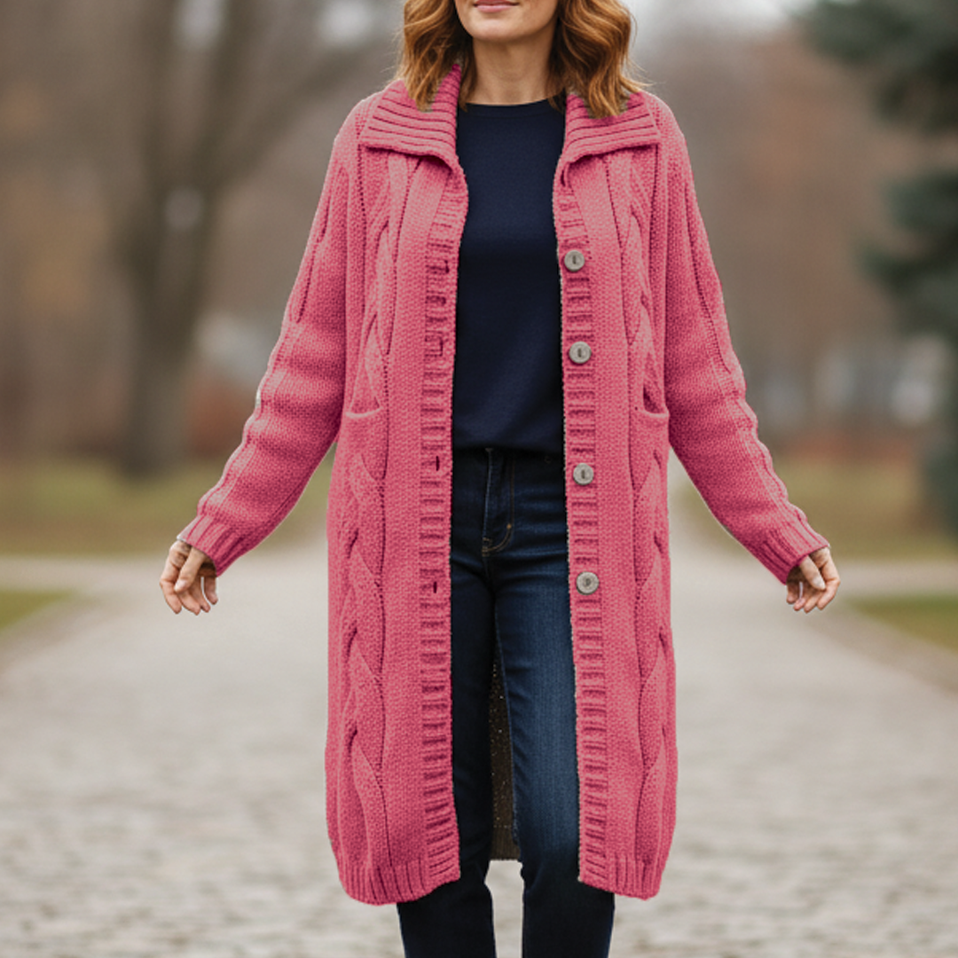 Ivory chunky cable-knit long coat with button closure, cozy wool blend winter layer