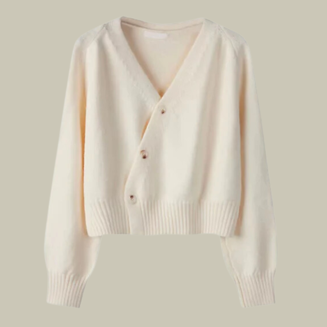 Women's merino wool V-neck cardigan with cross-button wrap closure, asymmetrical silhouette