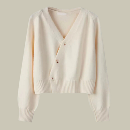 Women's merino wool V-neck cardigan with cross-button wrap closure, asymmetrical silhouette
