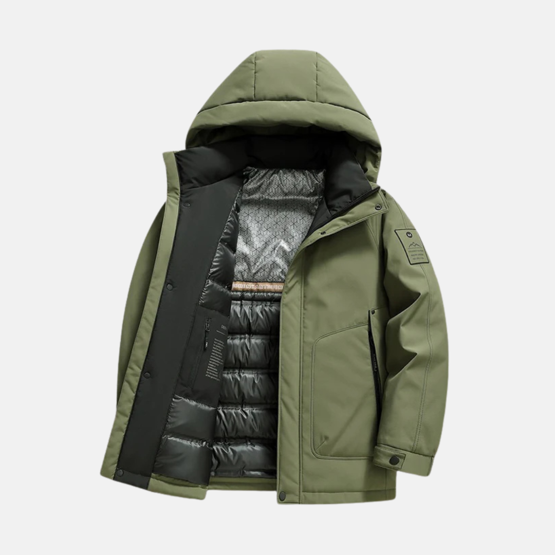 Men's hip-length winter coat hooded stand collar woven blend snap cuffs structured regular fit