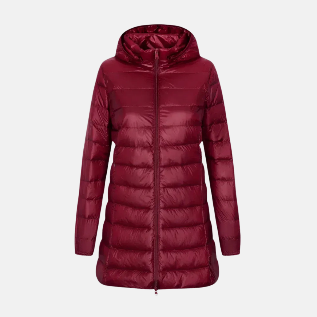 Women's quilted down jacket fitted mid-thigh length hooded water-resistant puffer coat