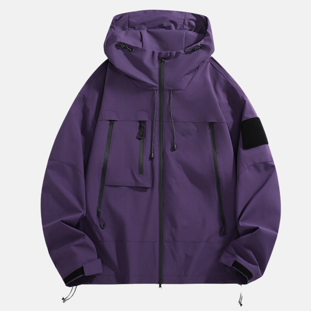 Wavlynn men's waterproof jacket relaxed fit adjustable hood outdoor shell in neutral tone