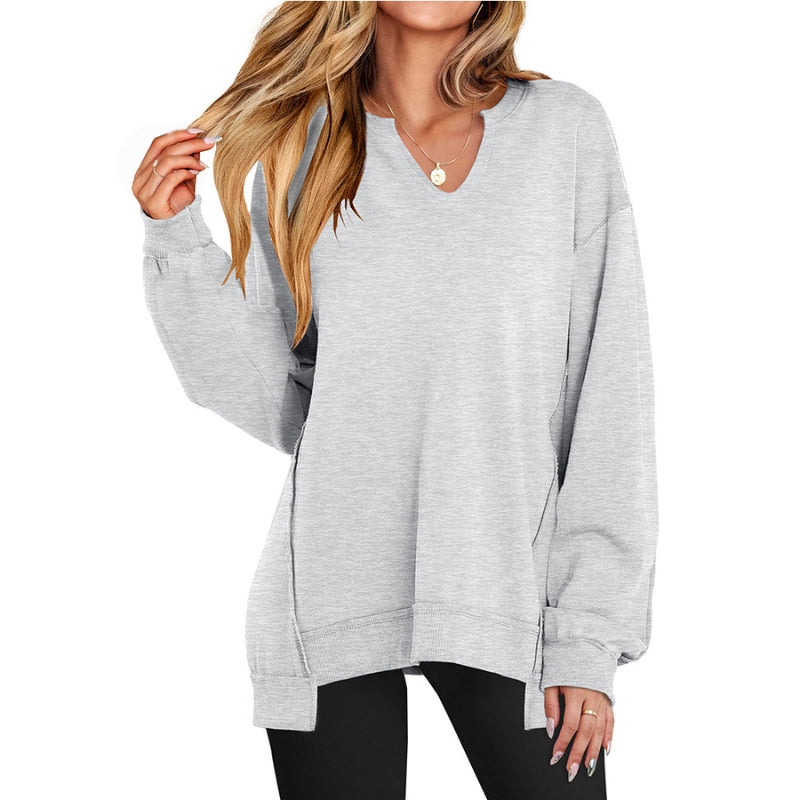Women's oversized v-neck sweatshirt tunic in cozy long sleeve style with relaxed fit
