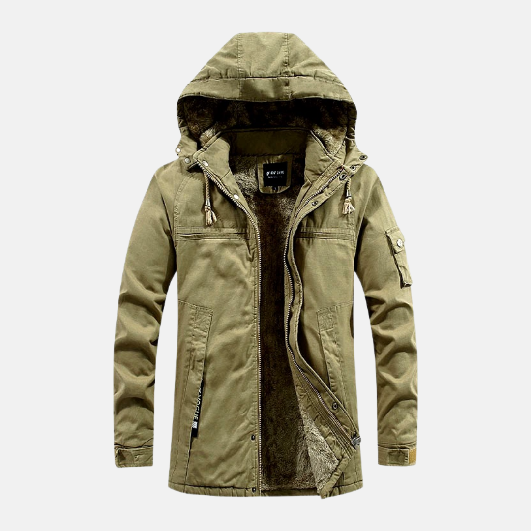 Men's mid-length slim fit jacket in cotton blend with heavy lined hood and utility pockets