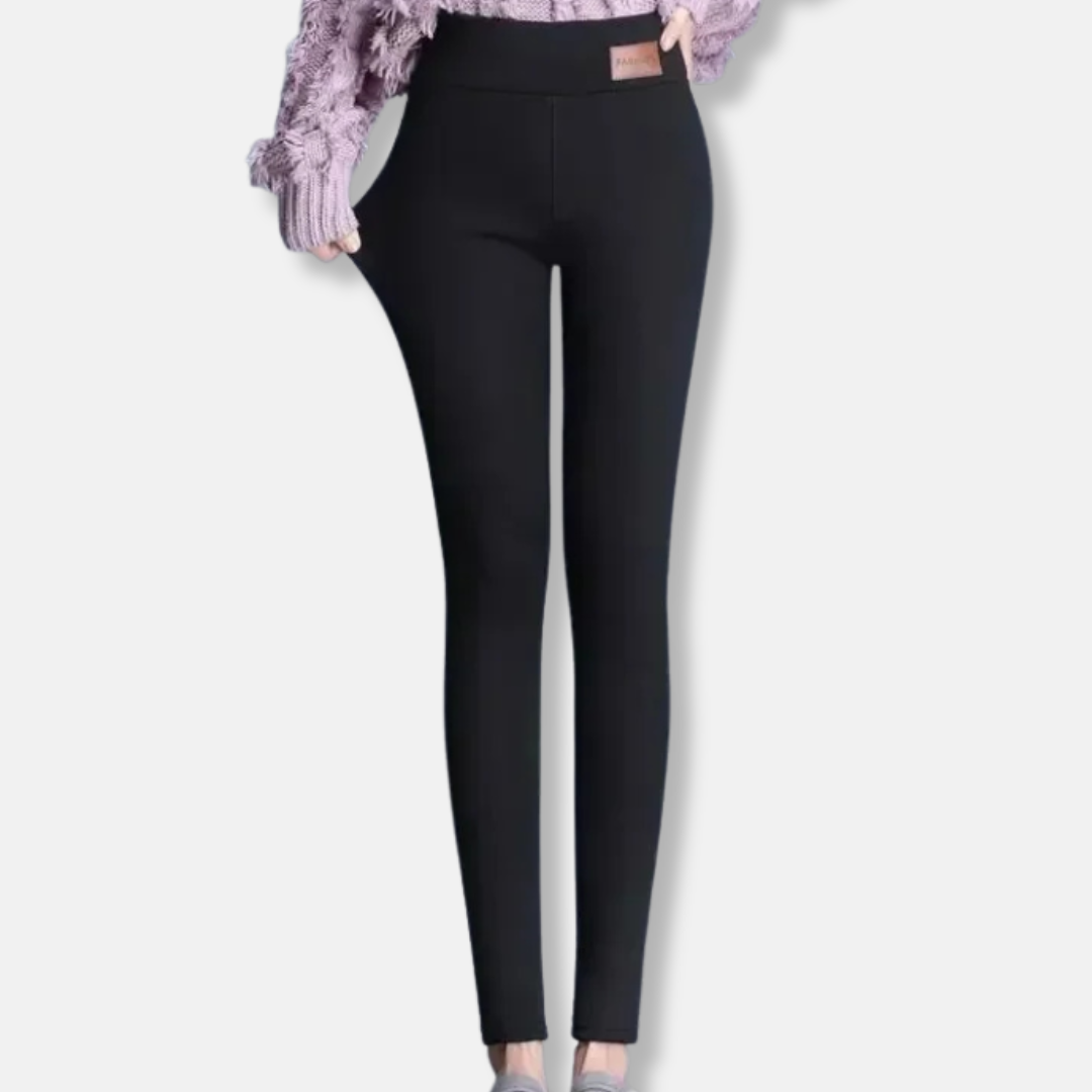 Women's black high-waist slim fit fleece-lined leggings with stretch comfort for winter warmth