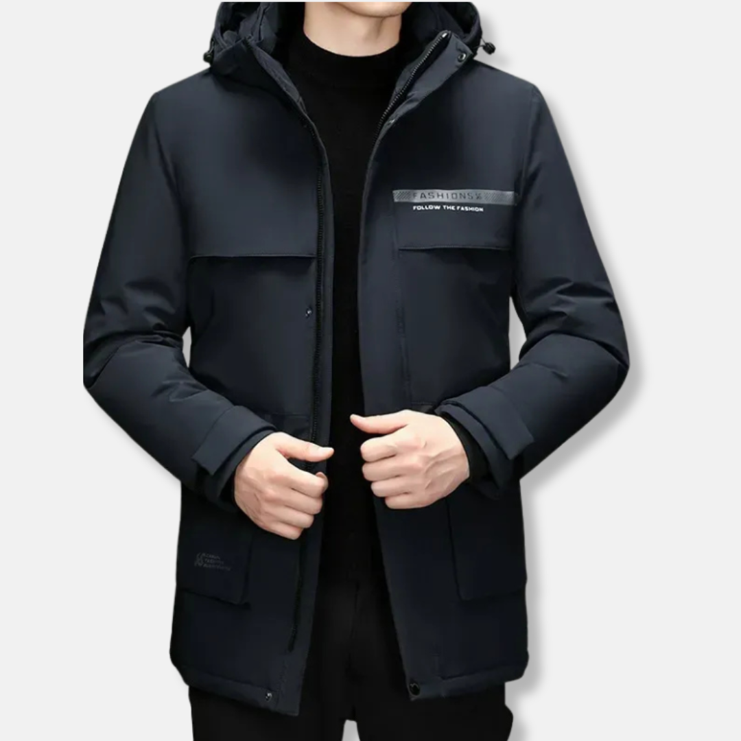 Men's navy insulated hooded jacket relaxed mid-length silhouette with minimalist winter outerwear design