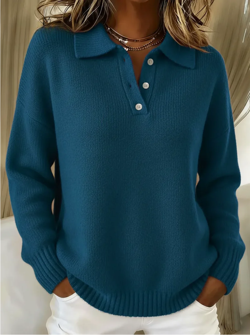 Navy blue classic polo sweater with structured collar and button detail for refined everyday style