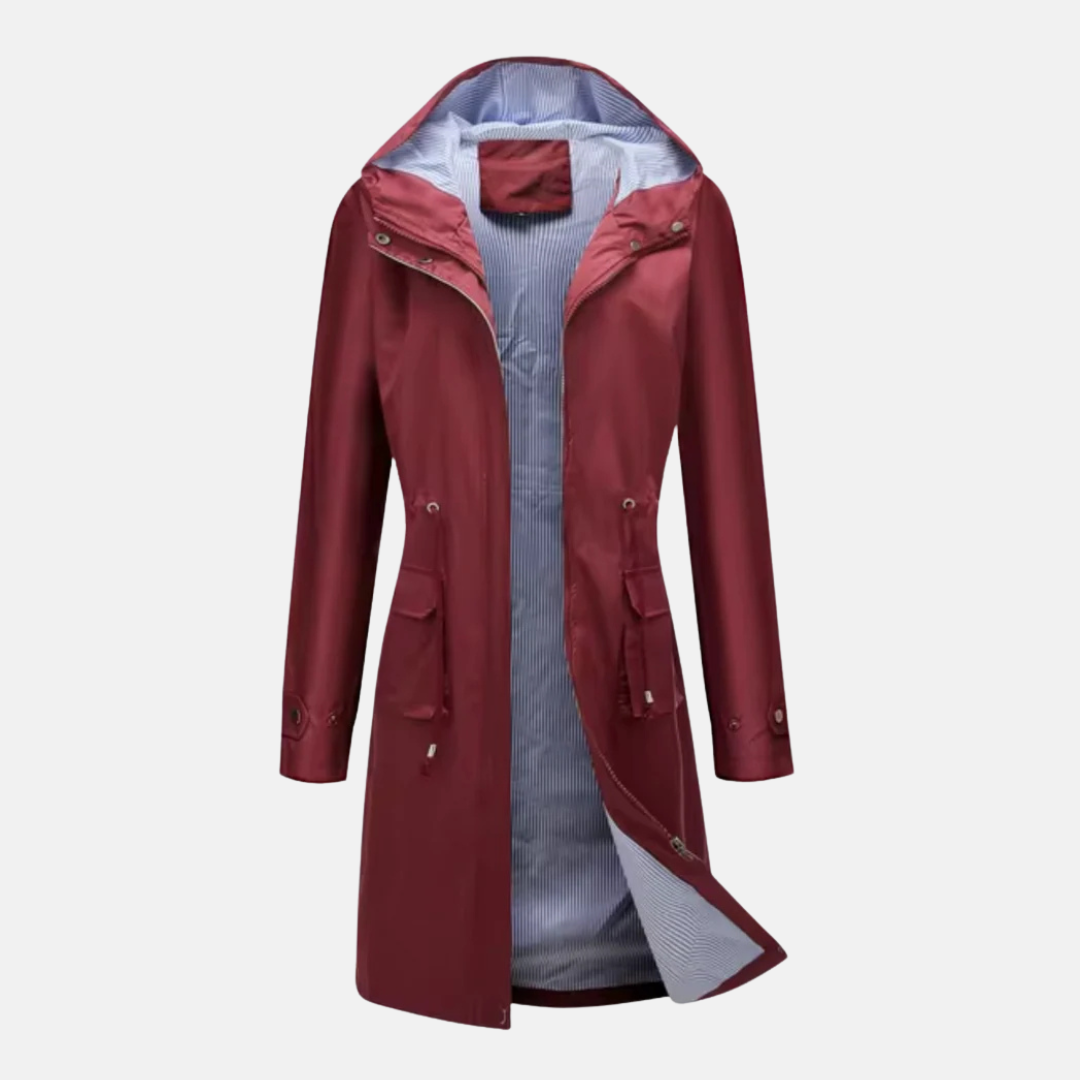Women's long hooded rain jacket water-resistant zip front with adjustable waist and flap pockets