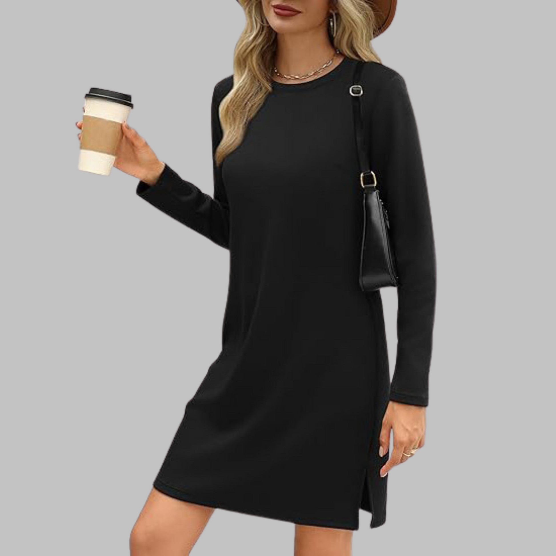 Alayah slim fit long sleeve round neck dress with tummy coverage for everyday casual style