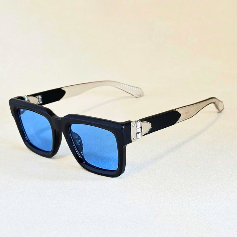 Square-frame acetate sunglasses with metal hinge detailing, vintage-inspired bold geometric design, UV400 protection