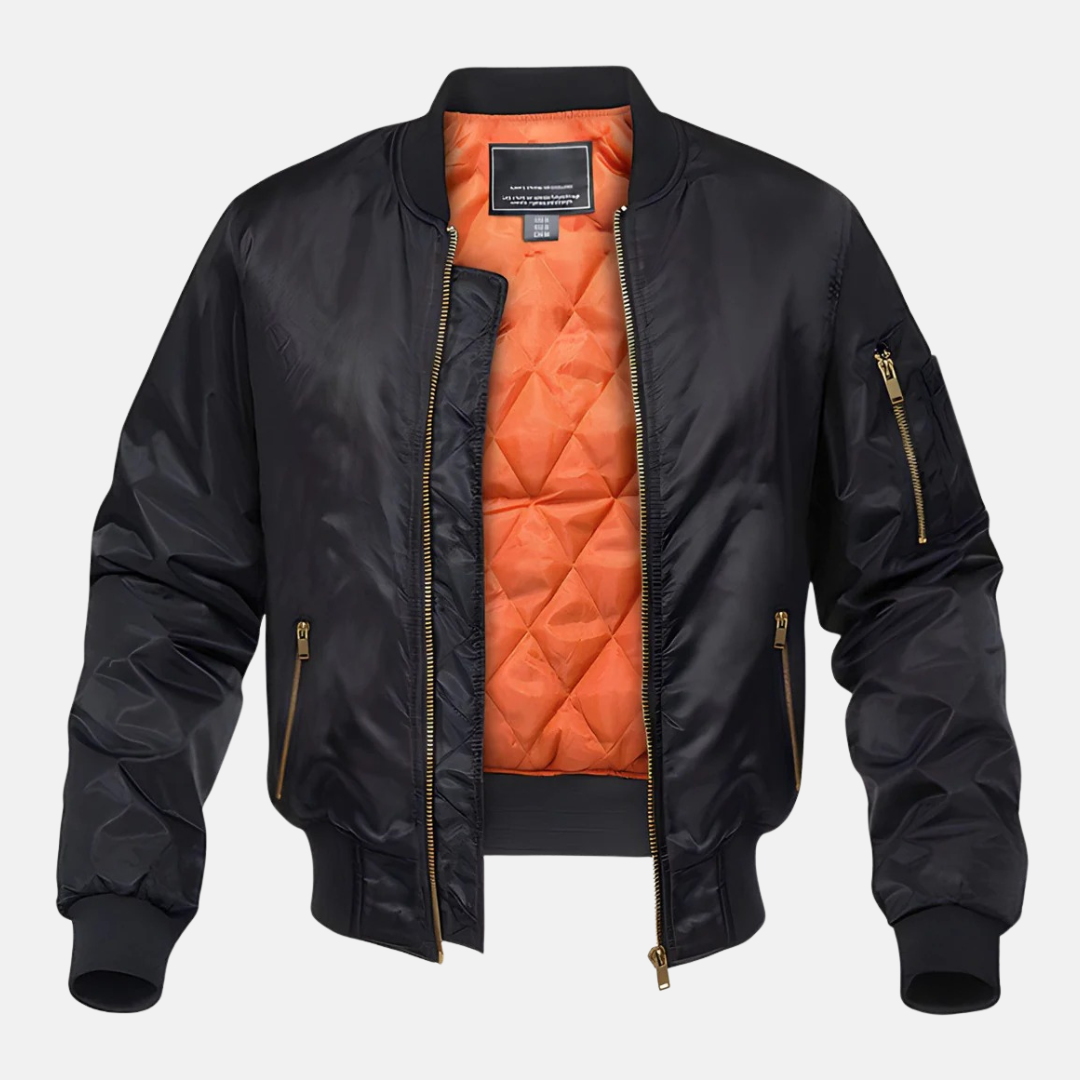 Men's navy bomber jacket quilted lining zippered utility pockets ribbed trim everyday style