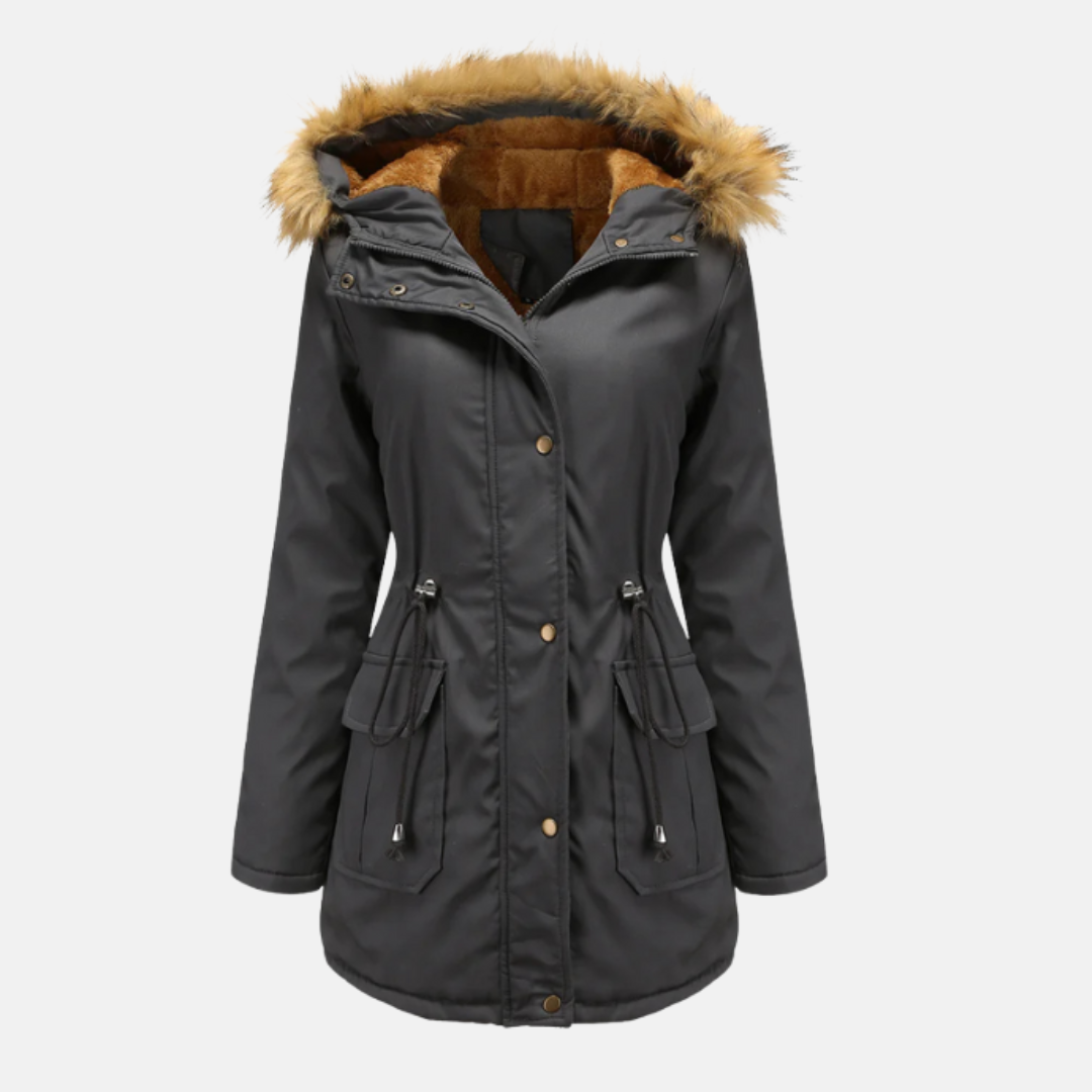 Women's mid-thigh parka jacket with fleece lining, faux fur hood, and adjustable waist in sleek PU leather