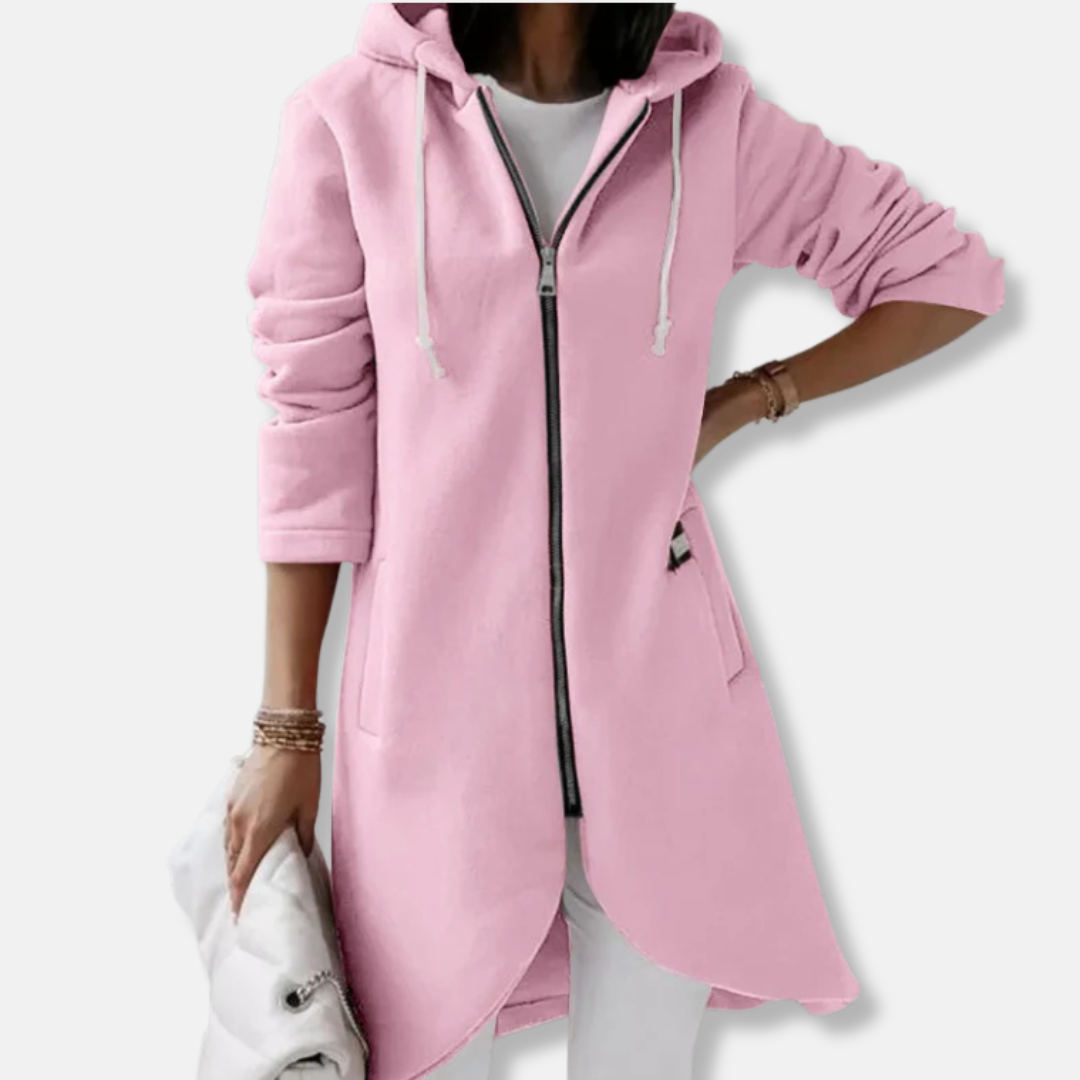 Women's long knit hooded cardigan full-zip relaxed fit with asymmetrical hem for casual elegance