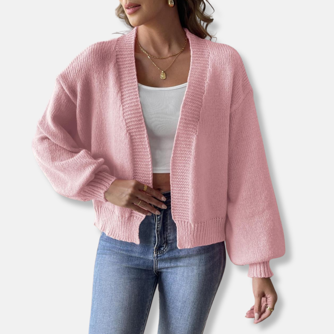 Women's cropped knit blend cardigan, relaxed fit with distinctive lantern sleeves, modern silhouette