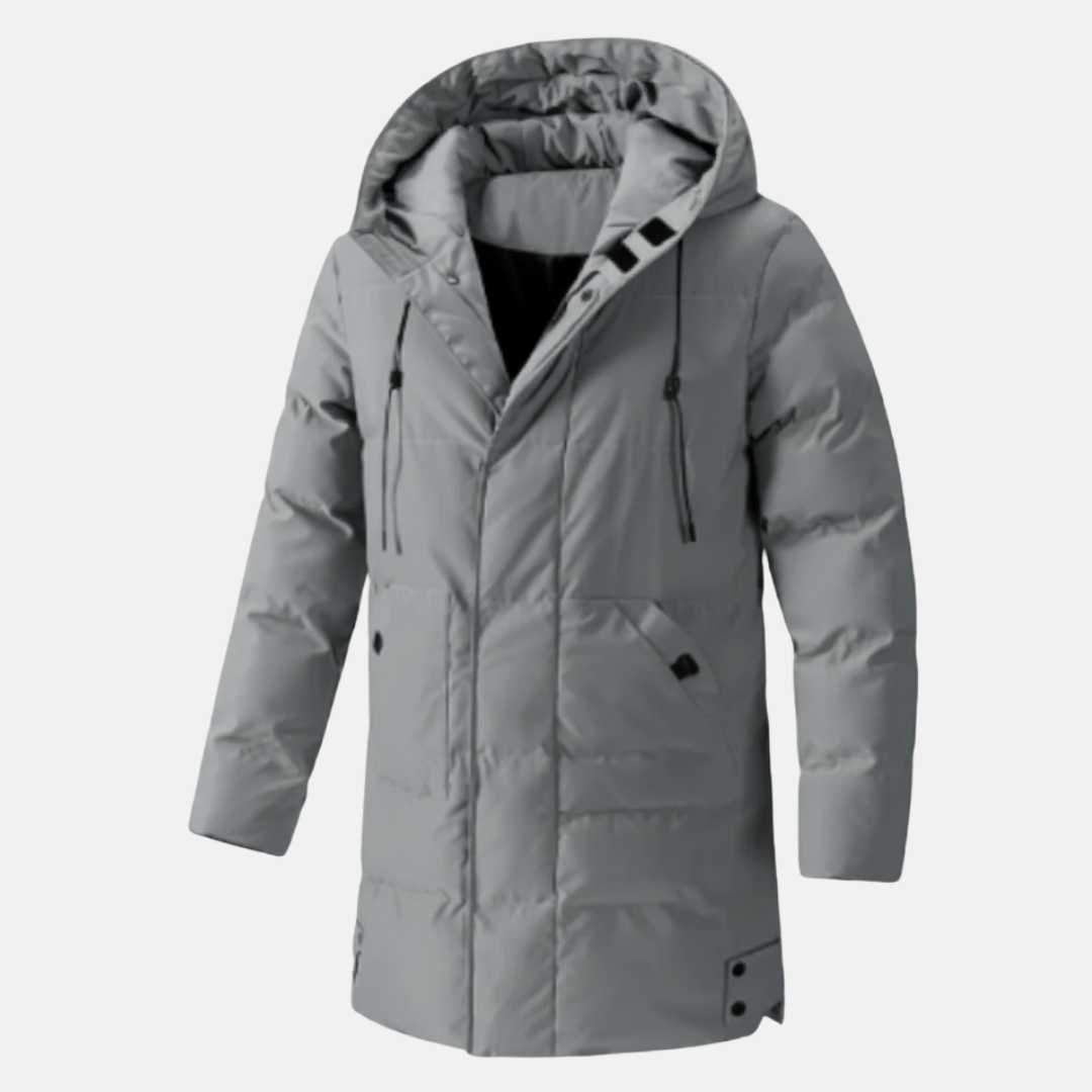 Men's mid-length hooded insulated jacket water-resistant multi-pocket urban outdoor winter coat