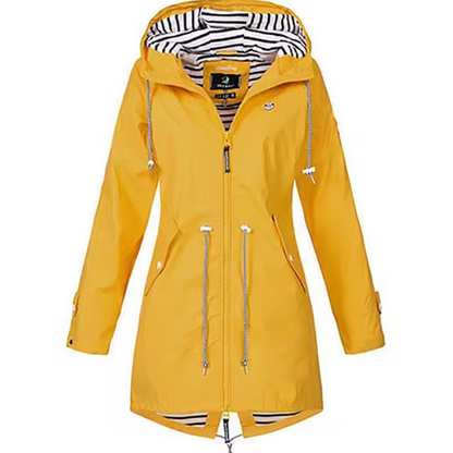 Women's waterproof hooded rain jacket adjustable waist long silhouette Wavlynn Scandinavian style