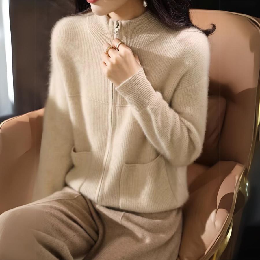 Ivory pure merino wool knit jacket, slim silhouette with soft silken finish for elegant layering