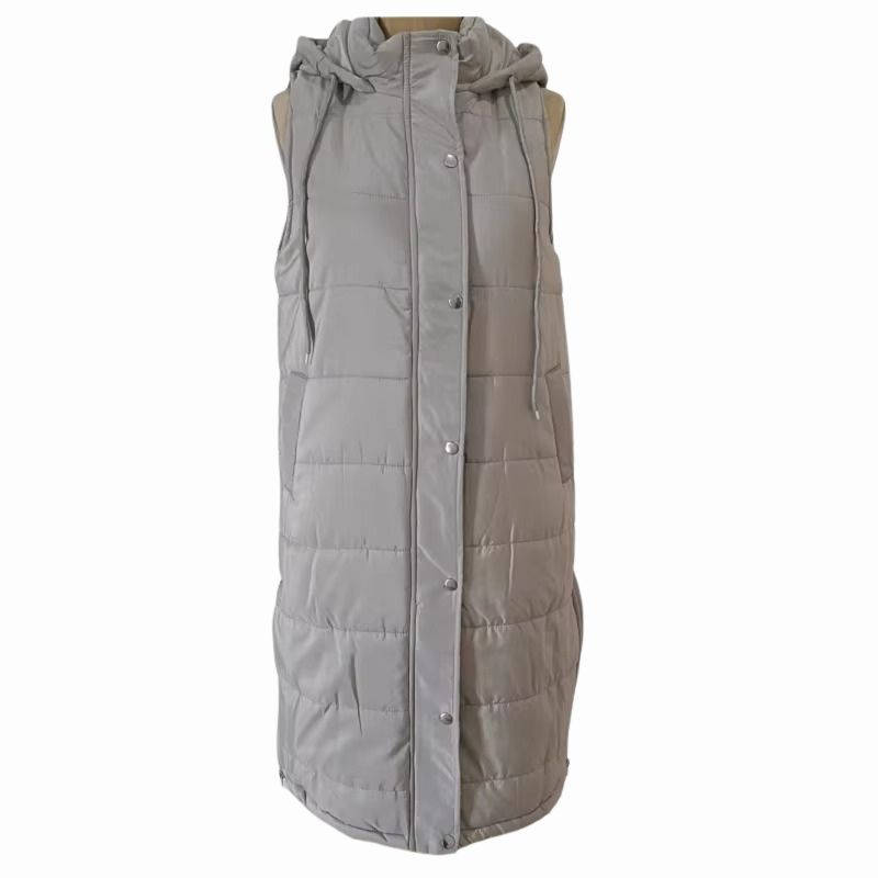 Long black hooded sleeveless puffer vest with knee-length coverage for cold-weather layering
