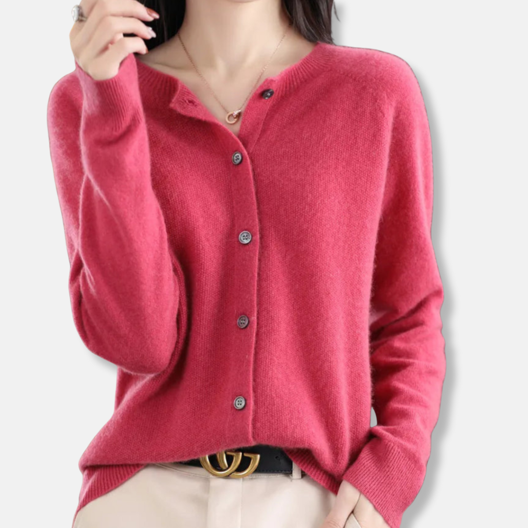 Women's merino wool cardigan sweater regular fit button front ribbed knit in neutral tone