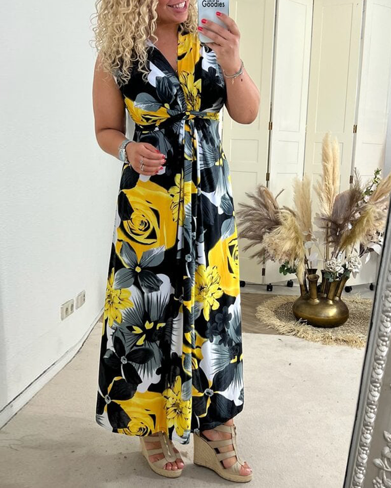 Women's purple black floral maxi dress sleeveless V-neck with cinched tie-front waist