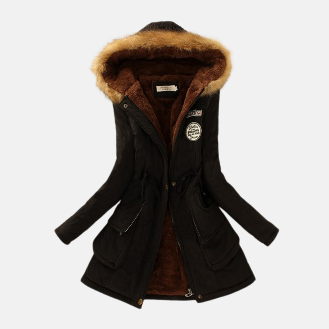 Women's winter parka coat with sherpa lining, faux fur hood, drawstring waist in neutral tone