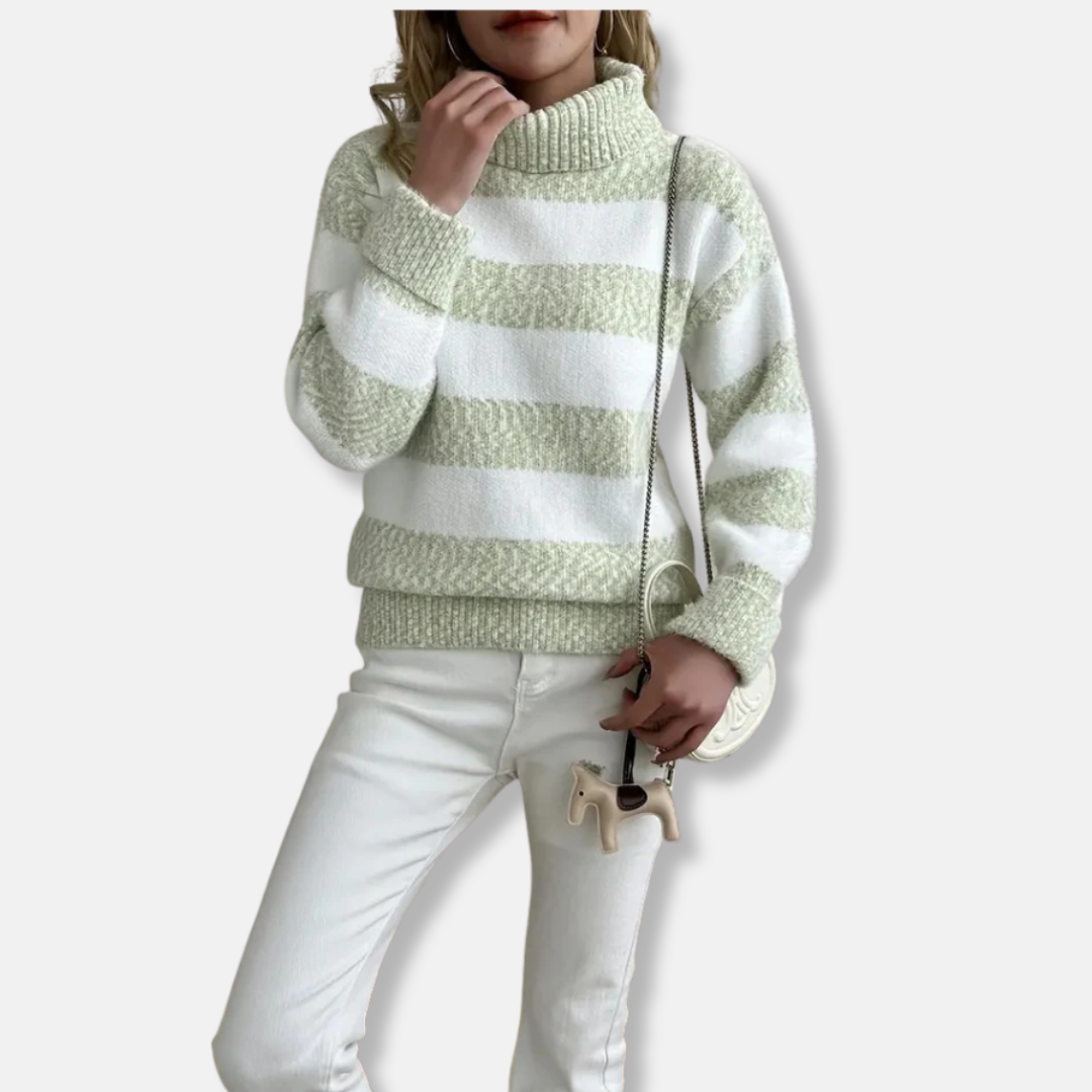 Women's plush knit turtleneck pullover sweatshirt, loose fit, striped texture, cozy ribbed collar