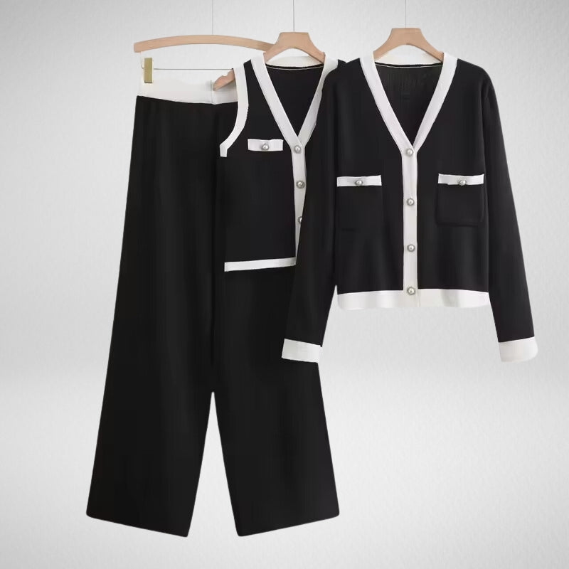 Kate Lauder white cotton-blend 3-piece set relaxed fit with pearl buttons and contrast trims