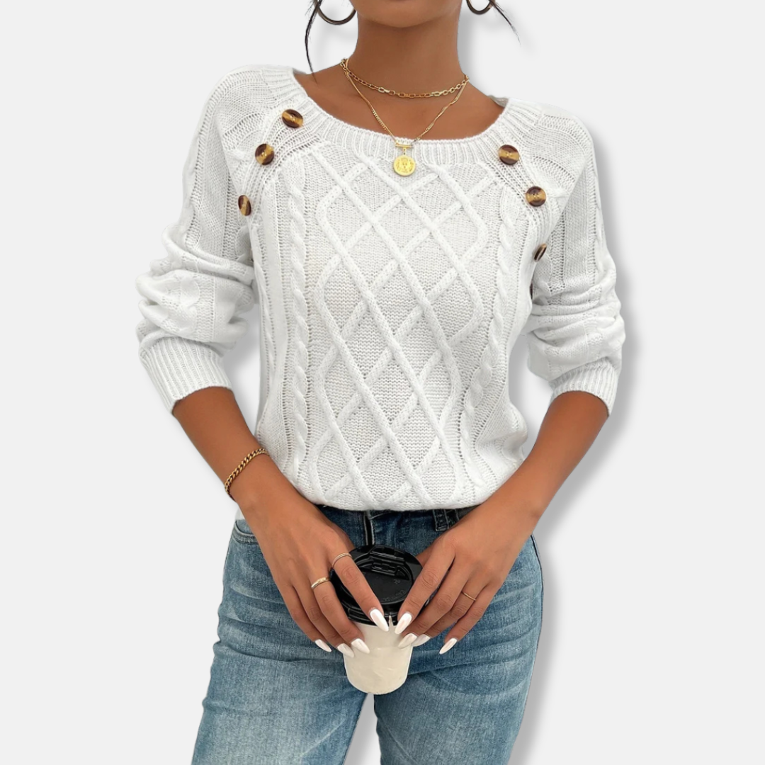 Women's cream cable knit top relaxed fit dropped shoulder with button accent and ribbed cuffs