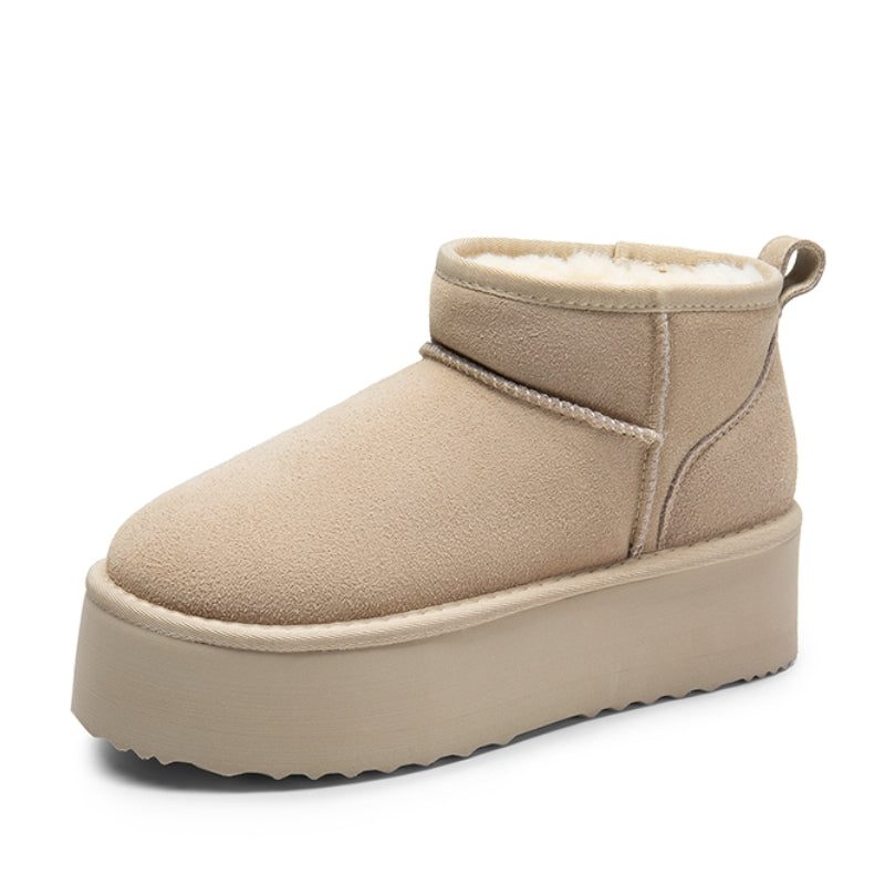 Vera Voss genuine suede platform ankle boots with plush interior lining, modern silhouette, warm neutral tone