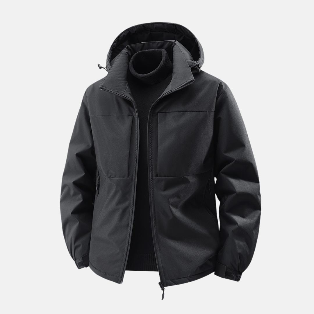 Men's water-resistant windproof hooded jacket relaxed fit with front pockets for outdoor adventures