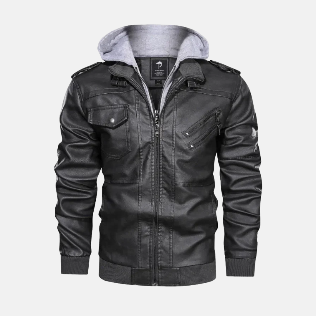 Men's black PU leather jacket with detachable hood, structured fit and smart-casual versatile style